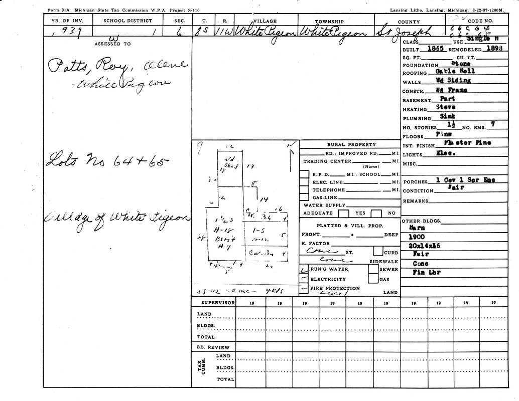 A tax form for a property in White Pigeon, Michigan, with details on ownership, structure, and rural property features.