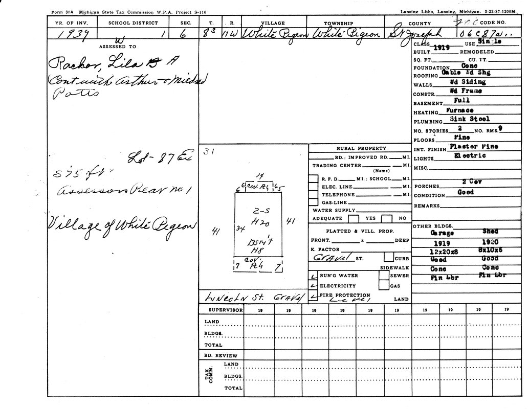Property assessment form from Michigan, 1939, for Lila Parker in White Pigeon. Details size, buildings, and utilities.