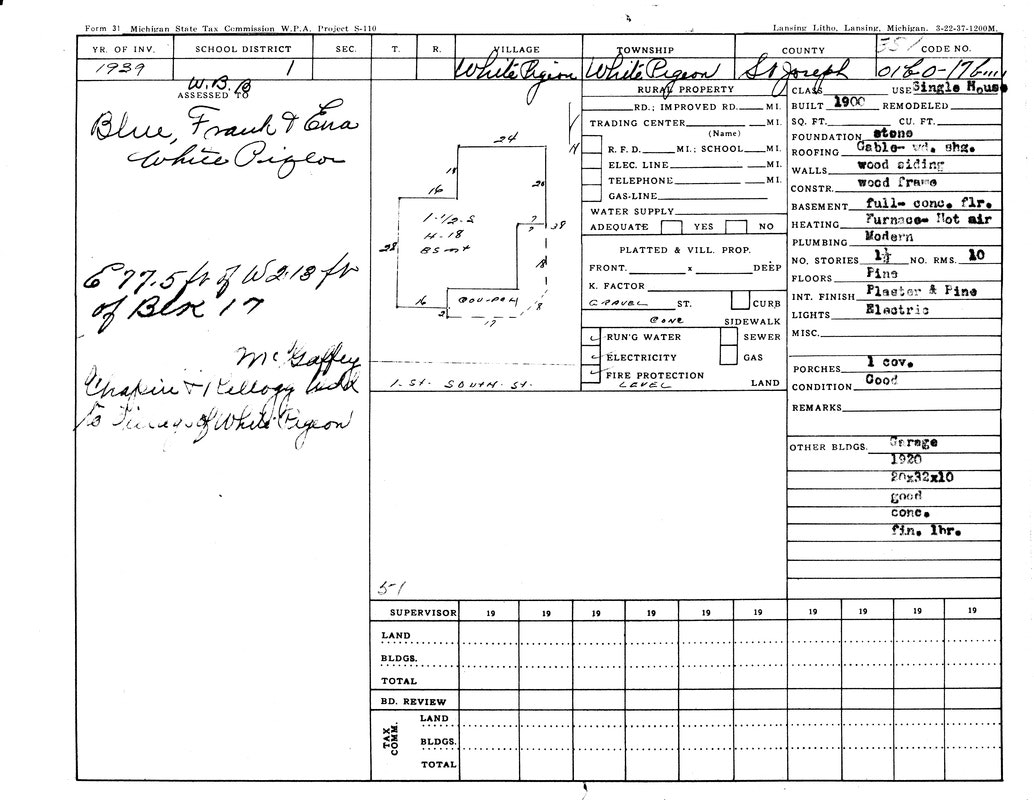 A 1939 property tax record from Michigan for a single house with detailed specs, owner info, and building layout sketch.