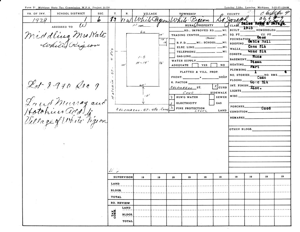 A 1939 property record detailing land in White Pigeon, Michigan. It includes measurements, condition, and utility details.