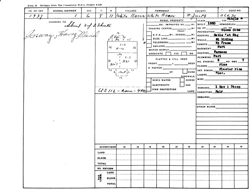 1938 tax document: White Pigeon, St. Joseph, Michigan. Single-family home, built 1890, fair condition, 2 stories, 7 rooms.