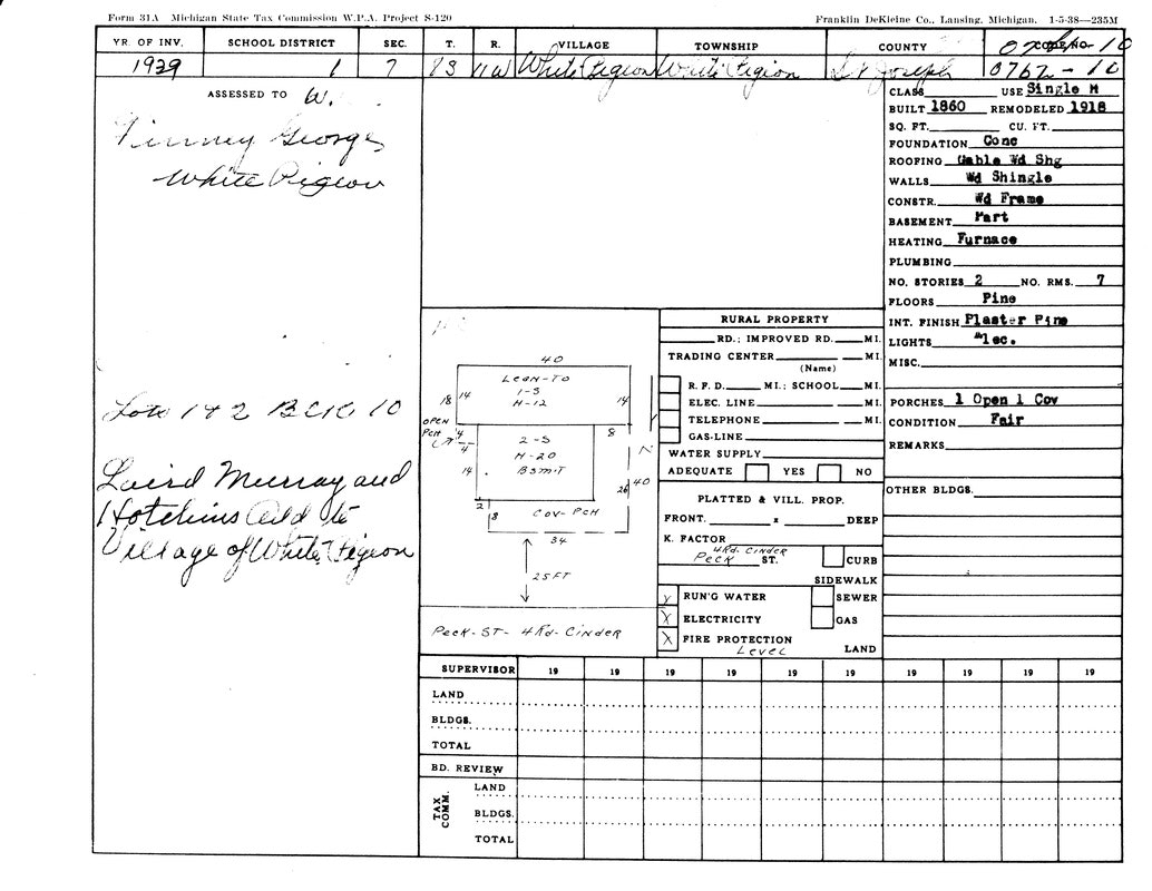 Tax assessment form from 1939, listing property details in White Pigeon, Michigan, owned by Jimmy George.