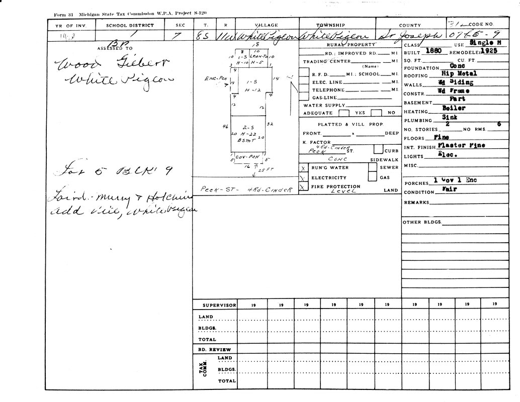 A Michigan State Tax Commission document from 1937 detailing property info with owner, specifications, and assessments.