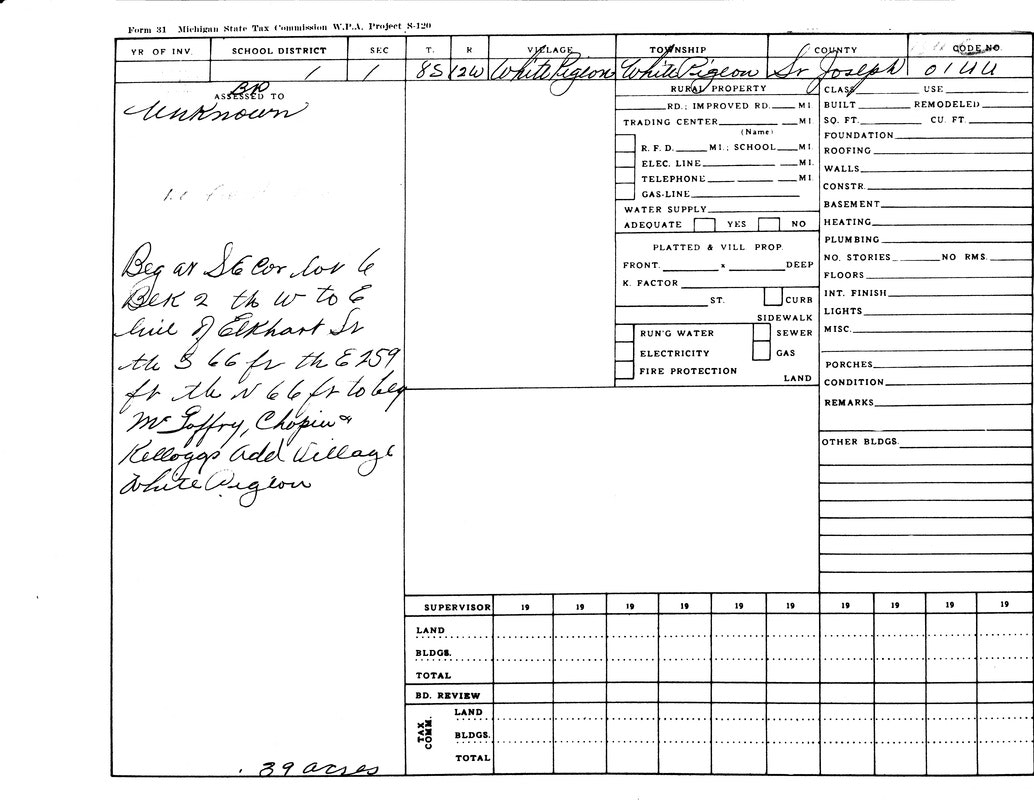 A handwritten property assessment form with details on location and measurements, marked “Unknown” in St. Joseph County, Michigan.