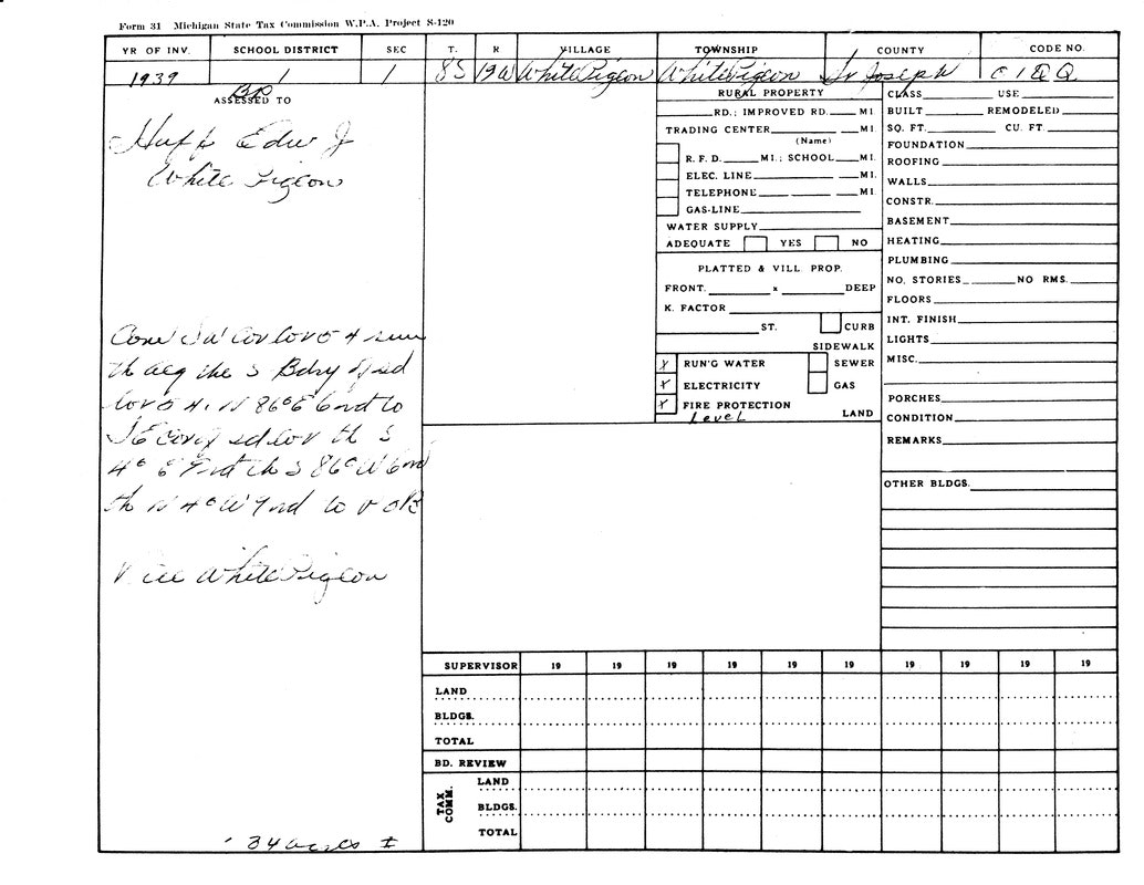 A 1939 Michigan State Tax Commission form for rural property, filled with handwritten notes.