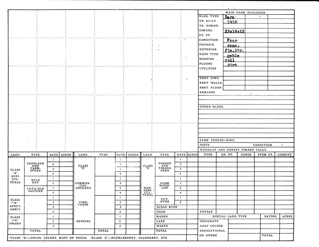 A farm data form detailing building info, land types, acreage, and rates. Sections for cropland, timber, and special land types.