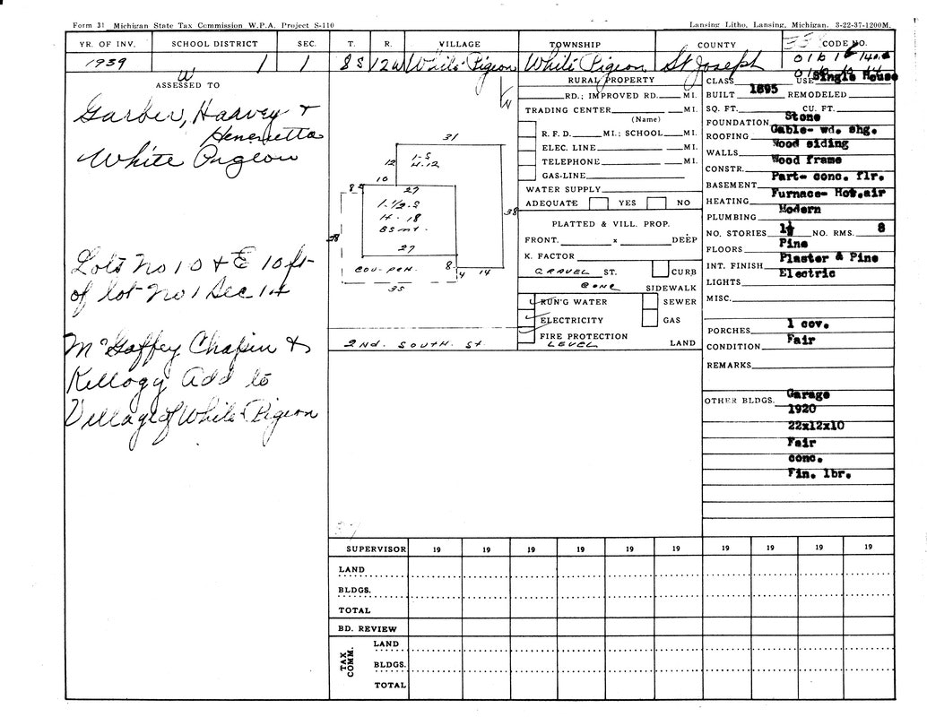 Tax assessment form from 1939 for property in White Pigeon, Michigan, detailing location, value, and property features.
