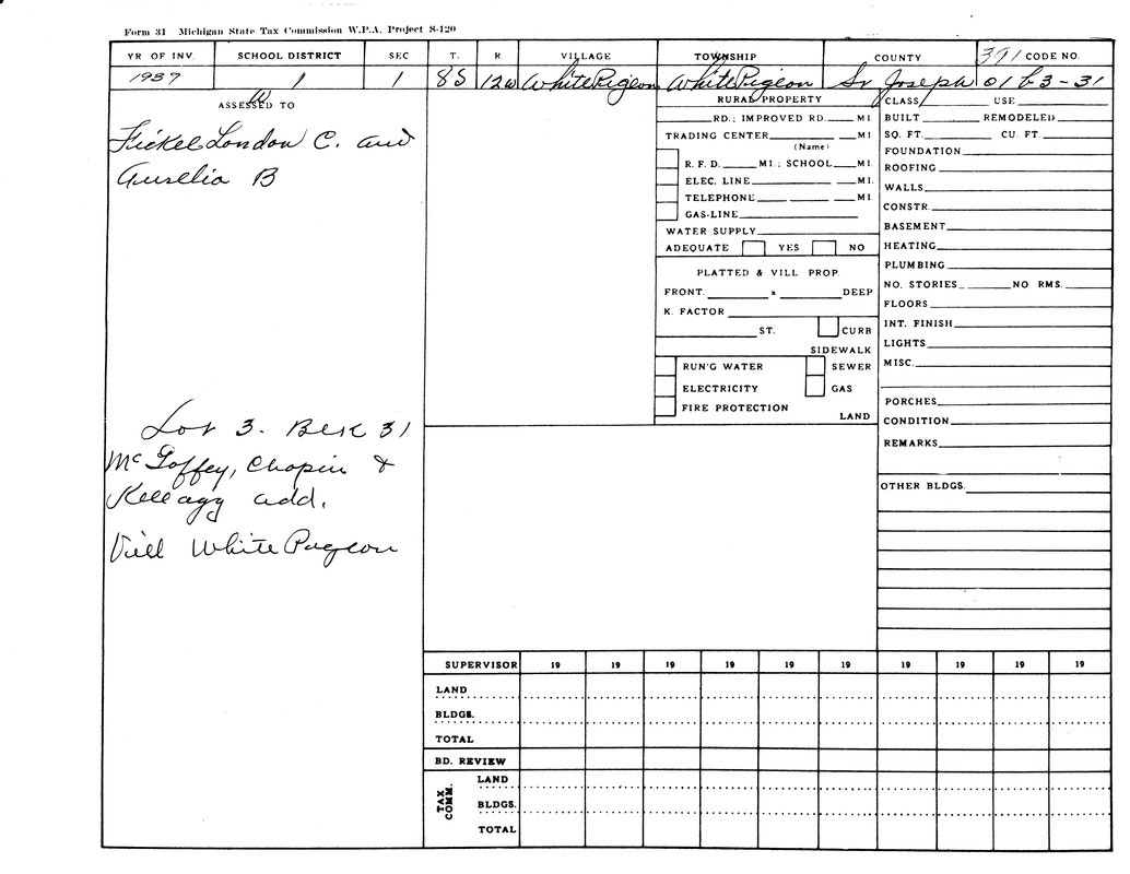 A 1937 Michigan property tax form for Lot 3, Block 31 in White Pigeon. Assessed to Striedel, Londos C., and Aurelia B.