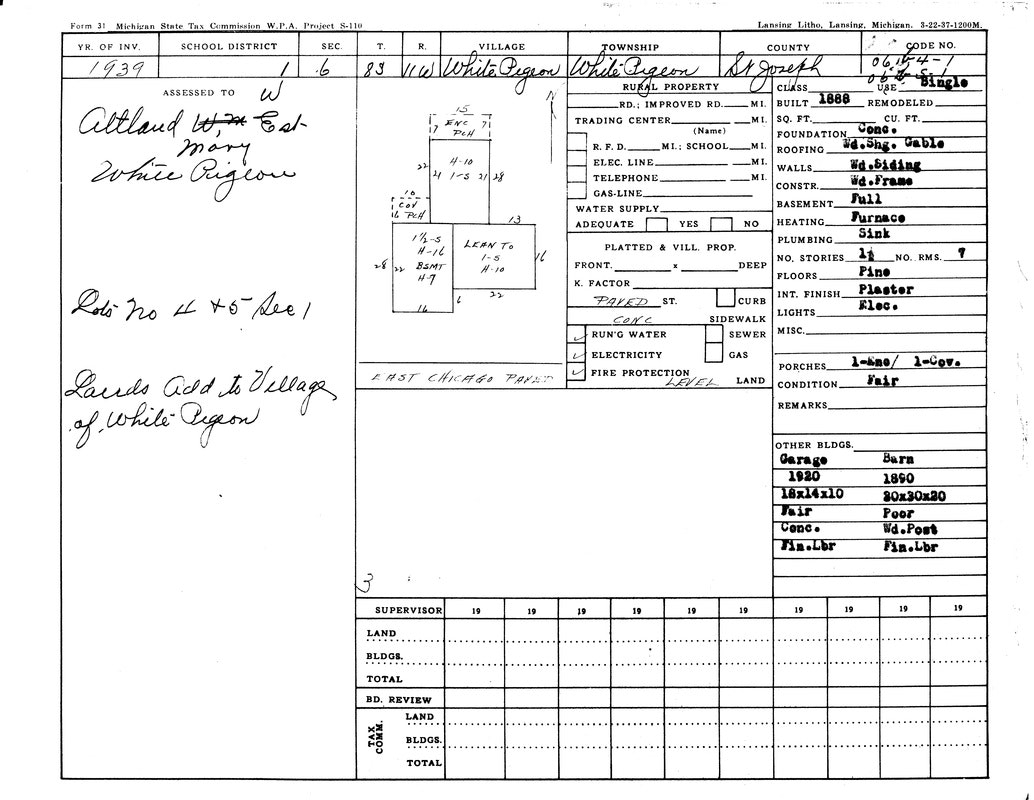 Property tax form from 1939, assessing land in White Pigeon, MI. Details on structure, owner, and land features included.
