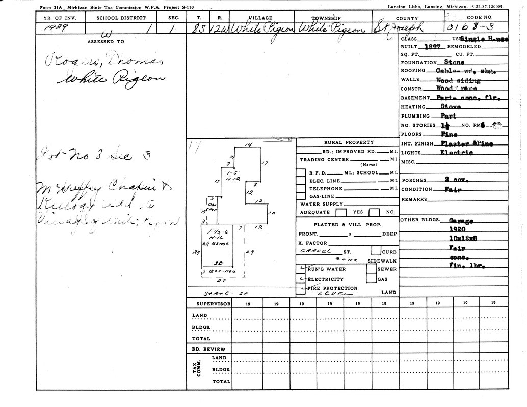 Tax form for property in White Pigeon, Michigan, 1939. Details: size, condition, owner, and amenities like gas, electricity, and water supply.
