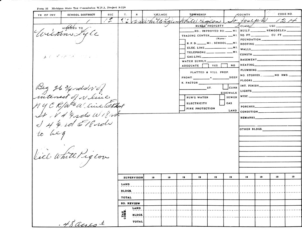 A Michigan State Tax Commission form with handwritten details about a property in St. Joseph County, village of White Pigeon.