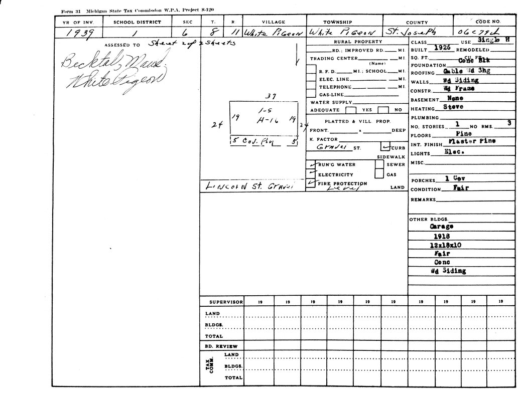 1939 Michigan tax form listing property details in White Pigeon, St. Joseph County, with specifics on buildings, utilities, and land.