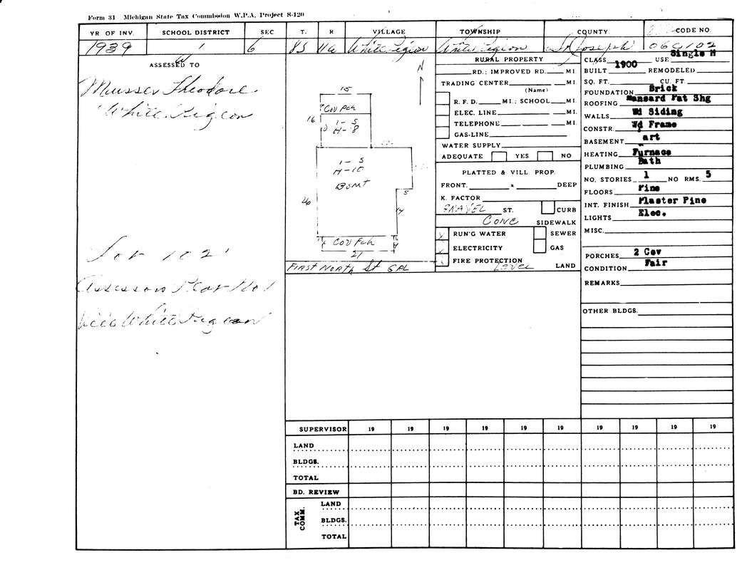 A 1939 Michigan State Tax Commission form with property details, assessed to "Musser Theodore," includes building specs and condition notes.