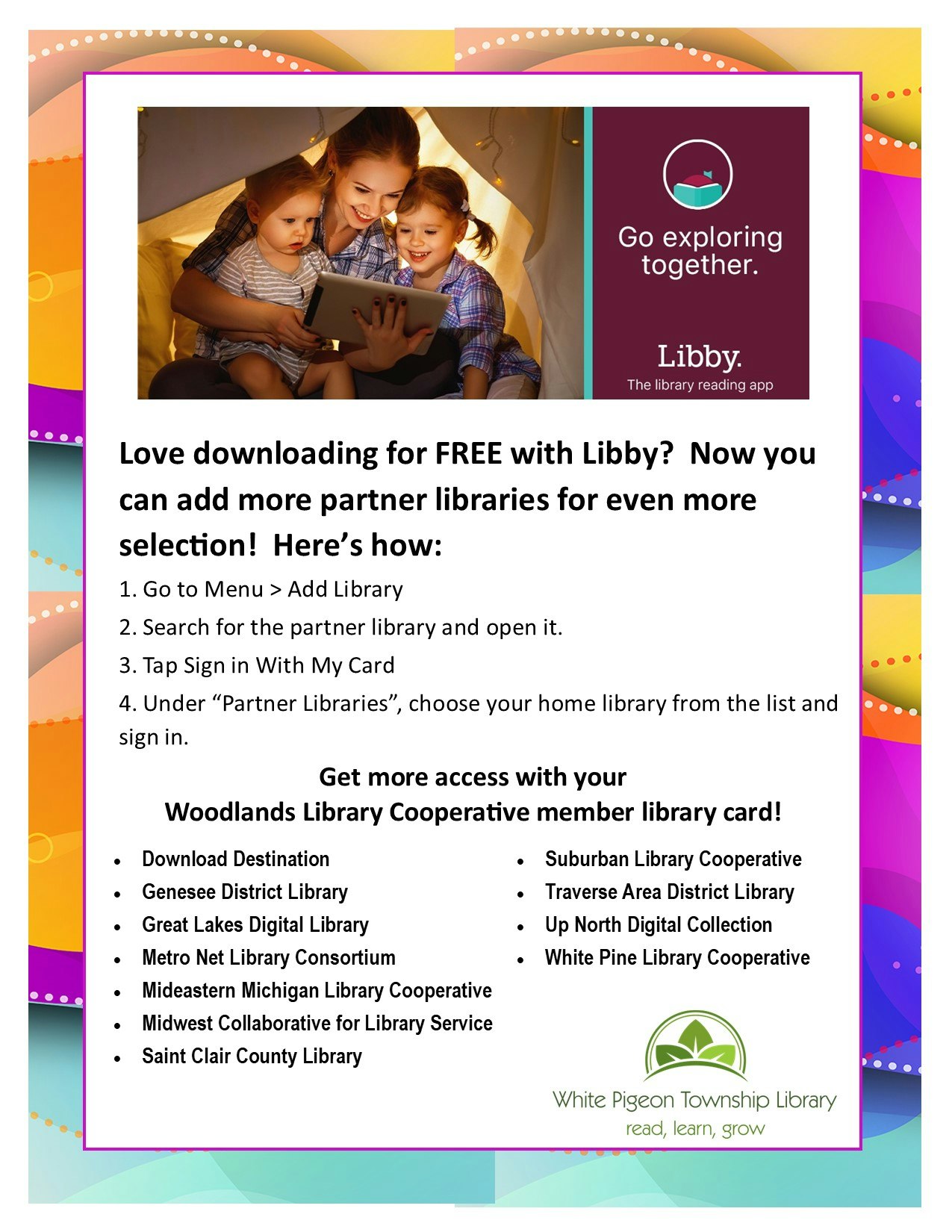 Guide to adding partner libraries on Libby for more selection; features Woodlands Library Cooperative.