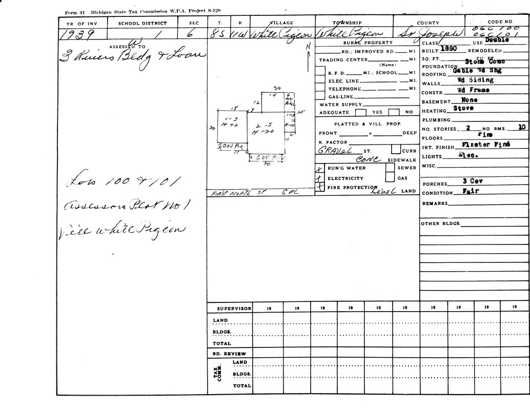 A 1939 Michigan State Tax Commission form detailing a property in White Pigeon, St. Joseph County, with building specs and sketches.