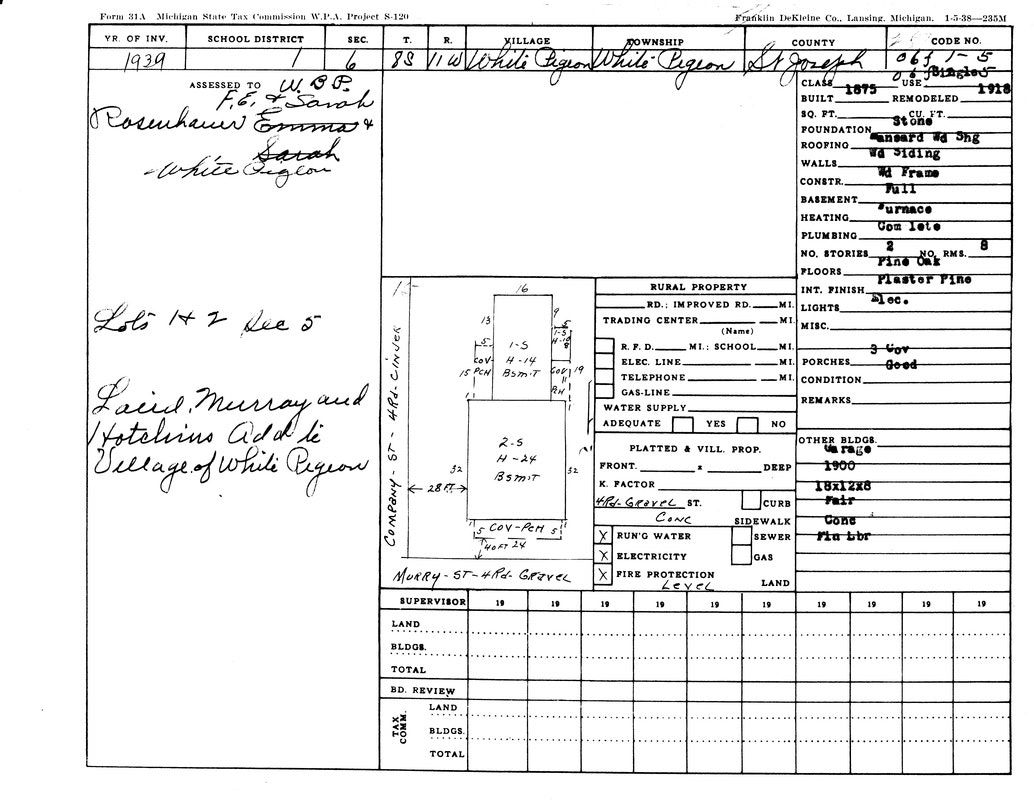 Property tax assessment form, 1939, White Pigeon, Michigan, includes details on land, building, and structure specifications.