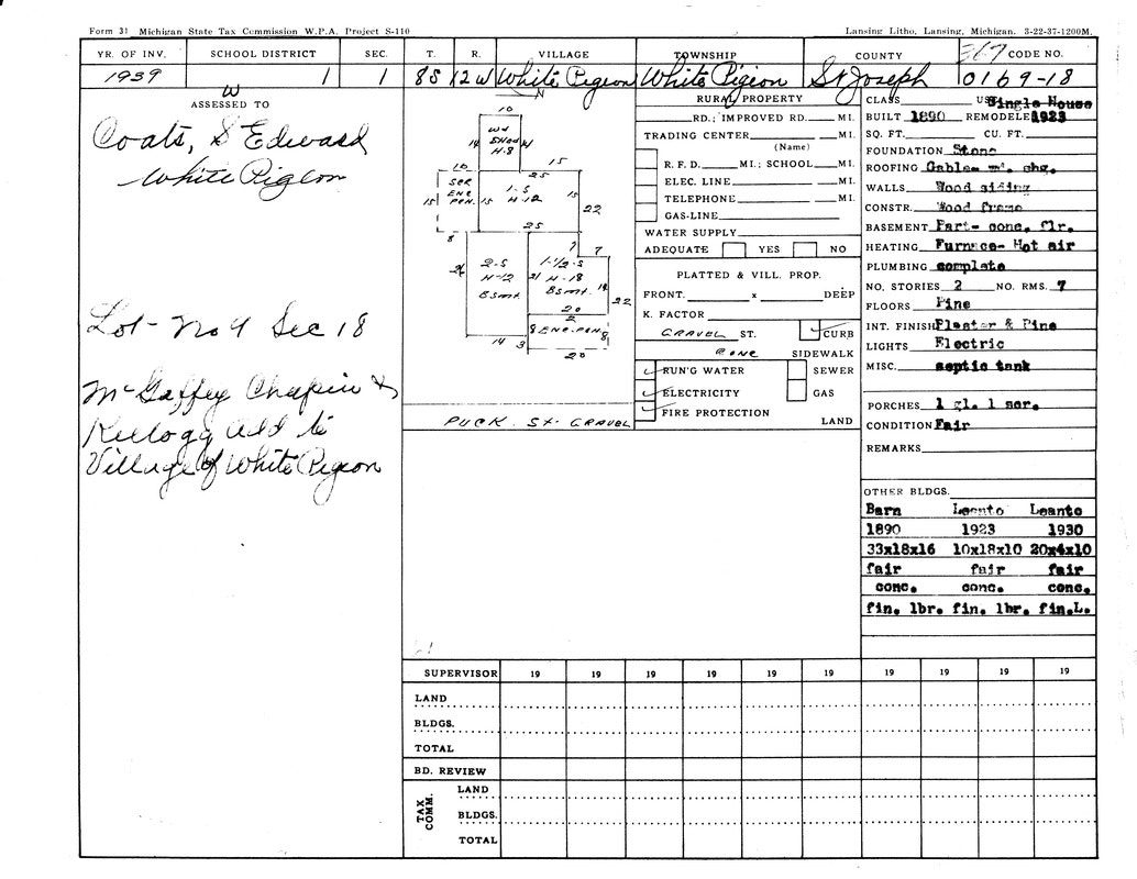 A 1939 Michigan property record for Edward Coats, detailing location, building specs, utilities, and conditions.