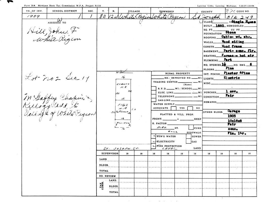 Property record for a single home in White Pigeon, MI, with details on structure, utilities, and ownership.