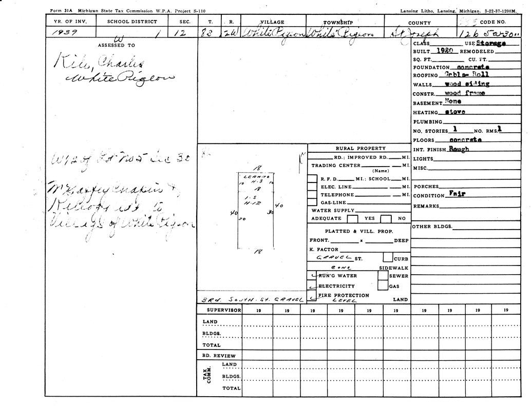 A 1939 Michigan State Tax Commission form detailing property info for Charles Kile in White Pigeon, including structure and use details.