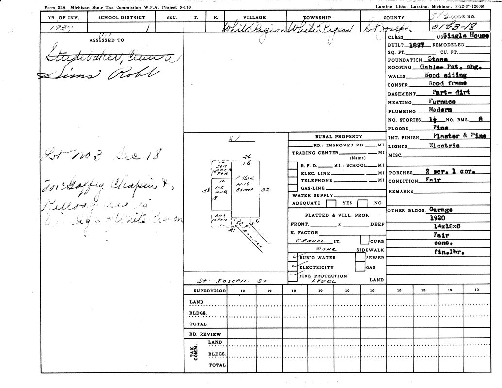 A 1934 Michigan tax form showing property details: single house, stone foundation, furnace heating, fair condition, with a garage.