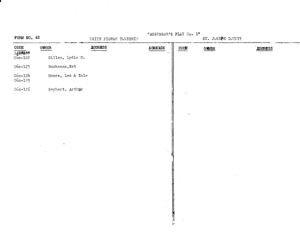 Assessor's plat list for White Pigeon Township, St. Joseph County, showing owners and codes.