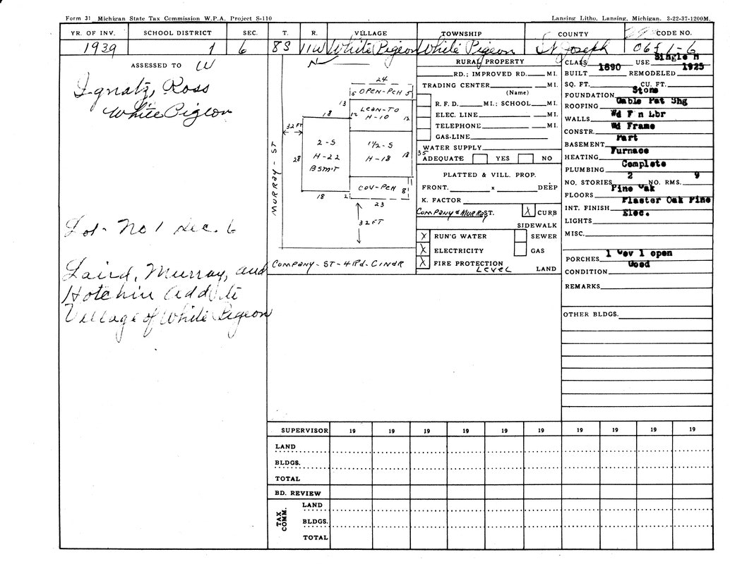 Tax assessment form from 1939, Michigan. Details on property, owner, and building specifications.