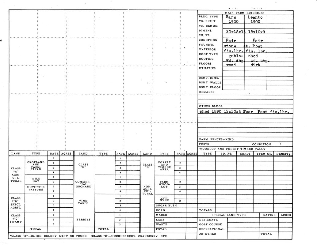 A farm record form listing building details, land types, rates, acres, and woodlot tally.