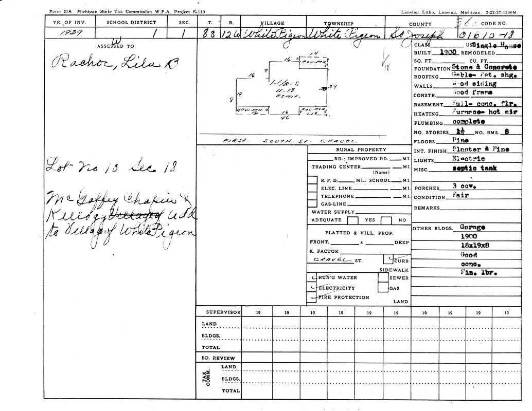 Property tax form from 1939, assessed to Lila B. Racho, with details about a house in White Pigeon, Michigan.