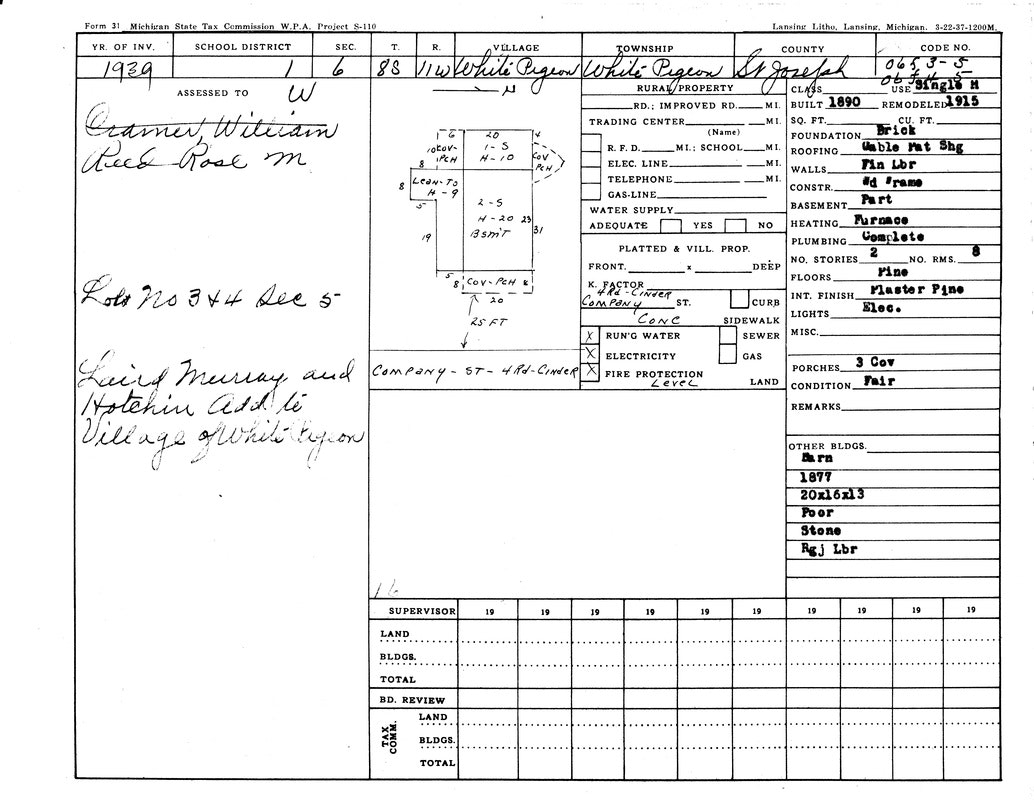 It's a 1929 Michigan tax assessment form detailing property info, owners, building specs, utilities, and condition ratings.