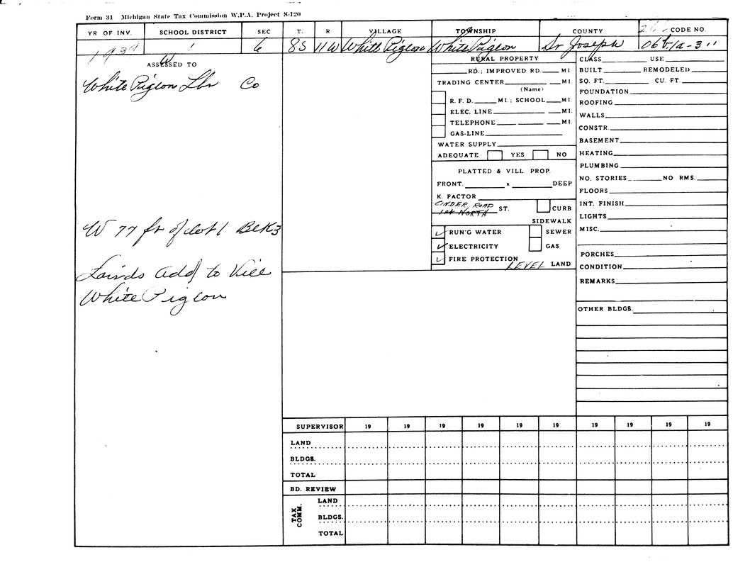 It's a Michigan State Tax Commission form from 1939 for property in White Pigeon, St. Joseph County, indicating land details.