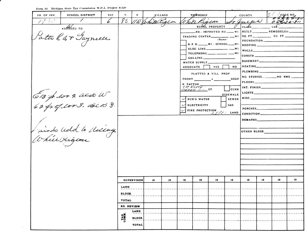 A Michigan tax form from 1937 for property in White Pigeon, St. Joseph County; assessed to Potts R.A. & Gaynelle.