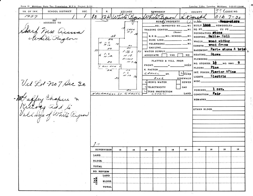 A 1939 Michigan property tax form detailing land in White Pigeon, improvements, materials, utilities, and conditions.