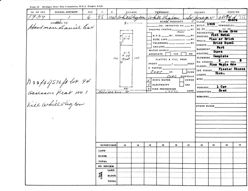 A tax form from 1939 for a property in White Pigeon Township, Michigan, detailing land and building specifics.
