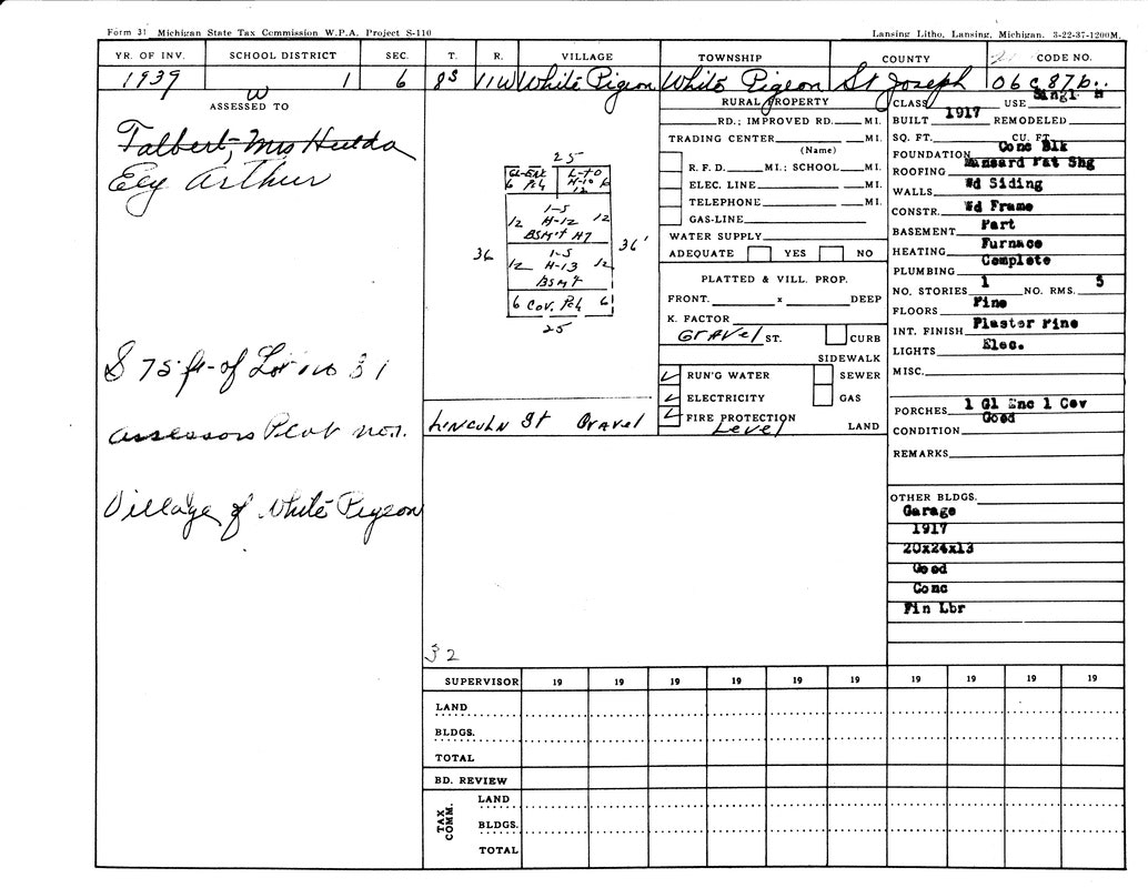 It's a tax assessment document from 1939 for property in White Pigeon, Michigan, detailing building characteristics and utilities.