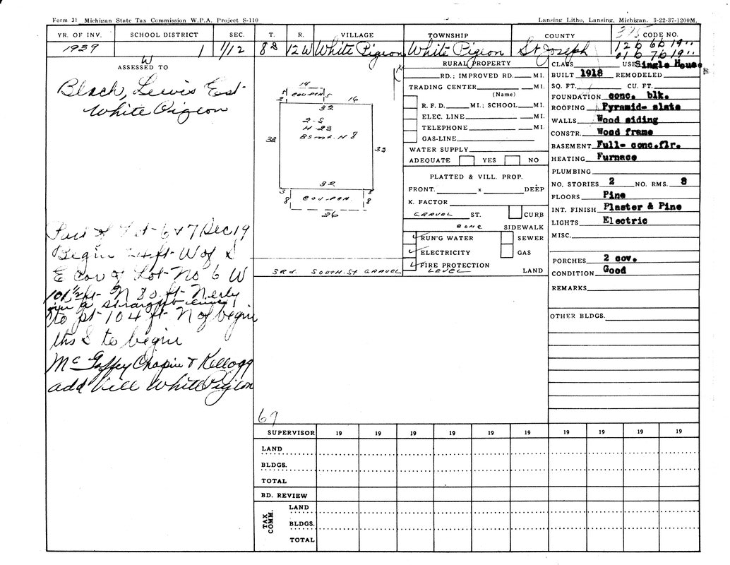A property tax form from 1939 for Lewis E. Black in White Pigeon, detailing land, building specs, and utilities.