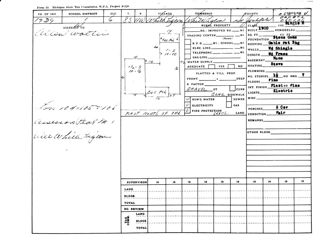 A 1939 Michigan property tax form showing details like owner, structure, utilities, and condition assessments.
