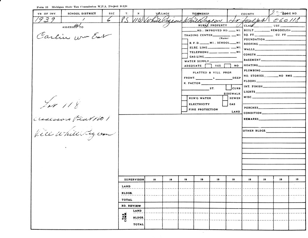 A 1939 Michigan State Tax Commission form with details for a property in White Pigeon Township, assessed to "Carlin von Eer."