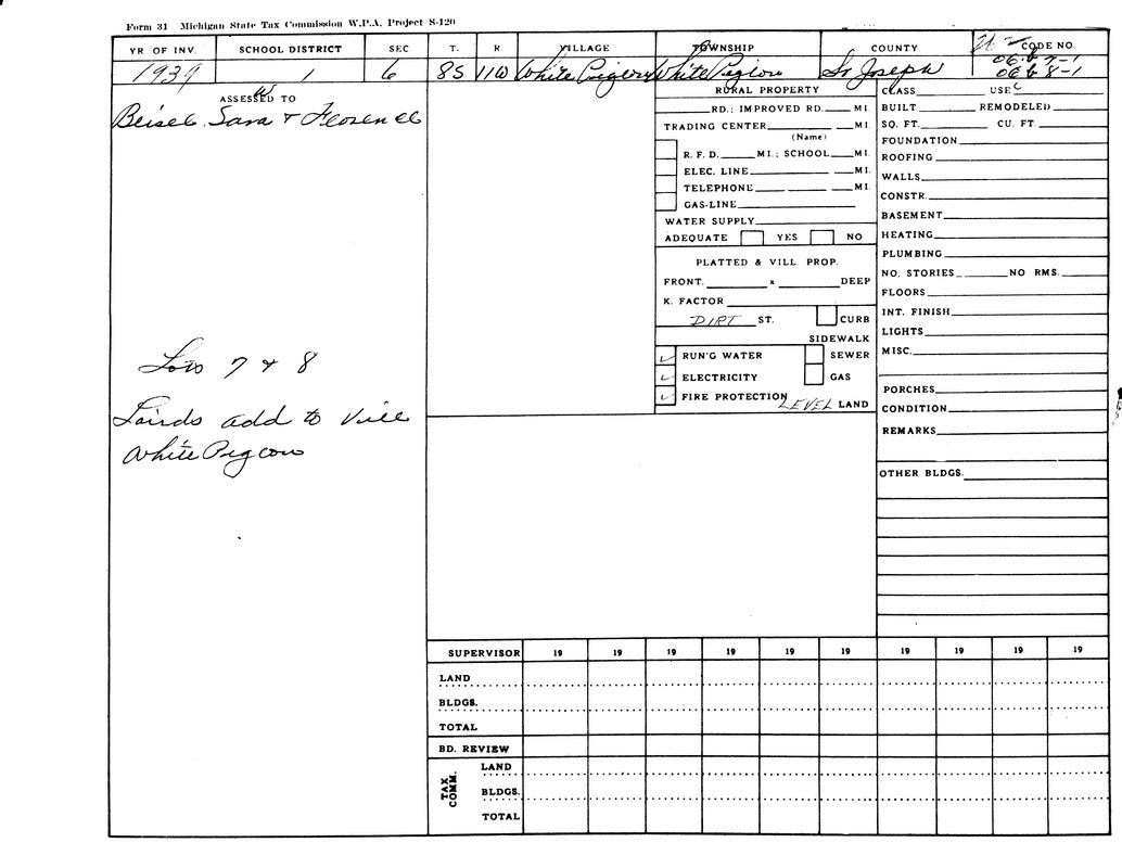 Form from 1939 Michigan State Tax Commission, detailing property info and assessment for White Pigeon Township, St. Joseph County.