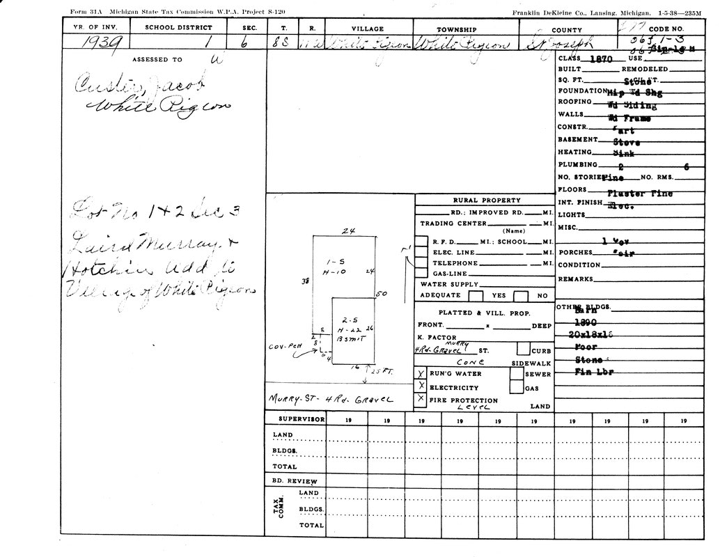 A 1939 Michigan State Tax Commission form with property details, including measurements, location, and infrastructure.