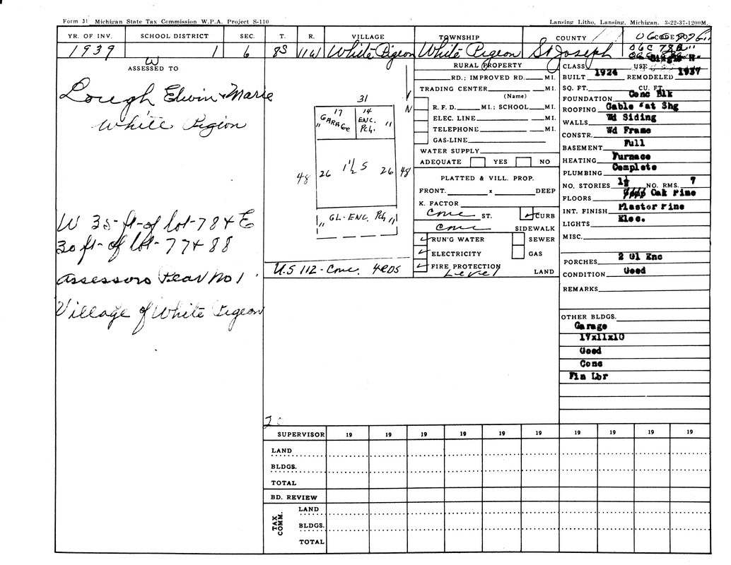 A 1939 property tax form for Edwin Marie Lough in White Pigeon, Michigan, detailing property features and taxes.