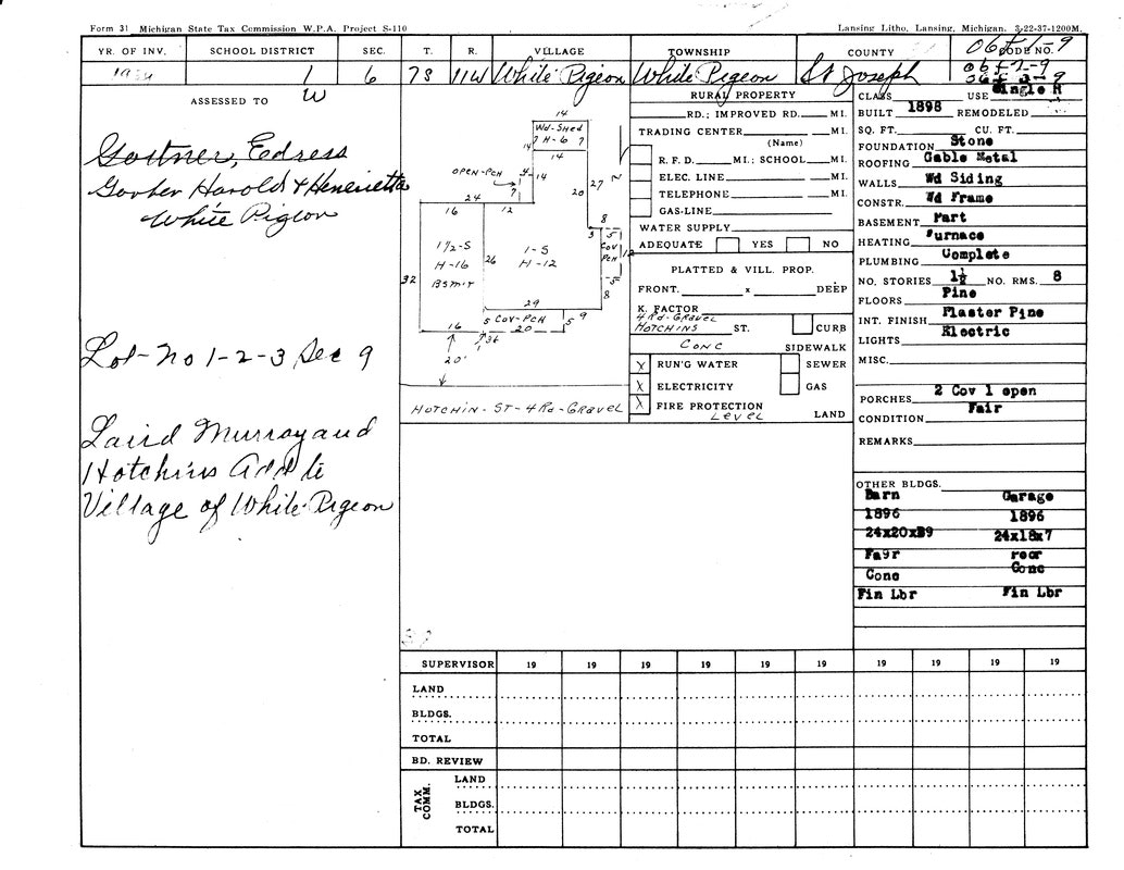 A tax assessment form for property in White Pigeon, Michigan, detailing owners, building info, and map; year 1934.