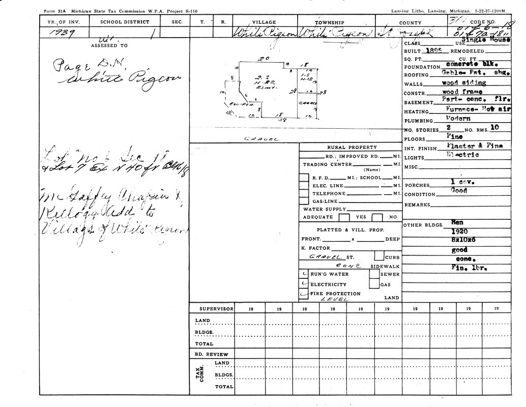 A 1939 Michigan State Tax Commission form detailing property information for a house in White Pigeon, including size, construction, and utilities.