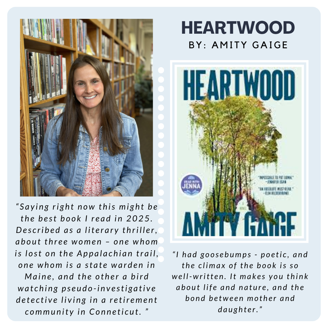 A woman in a library, and a book titled “Heartwood” by Amity Gaige. It includes reviews describing it as a literary thriller.