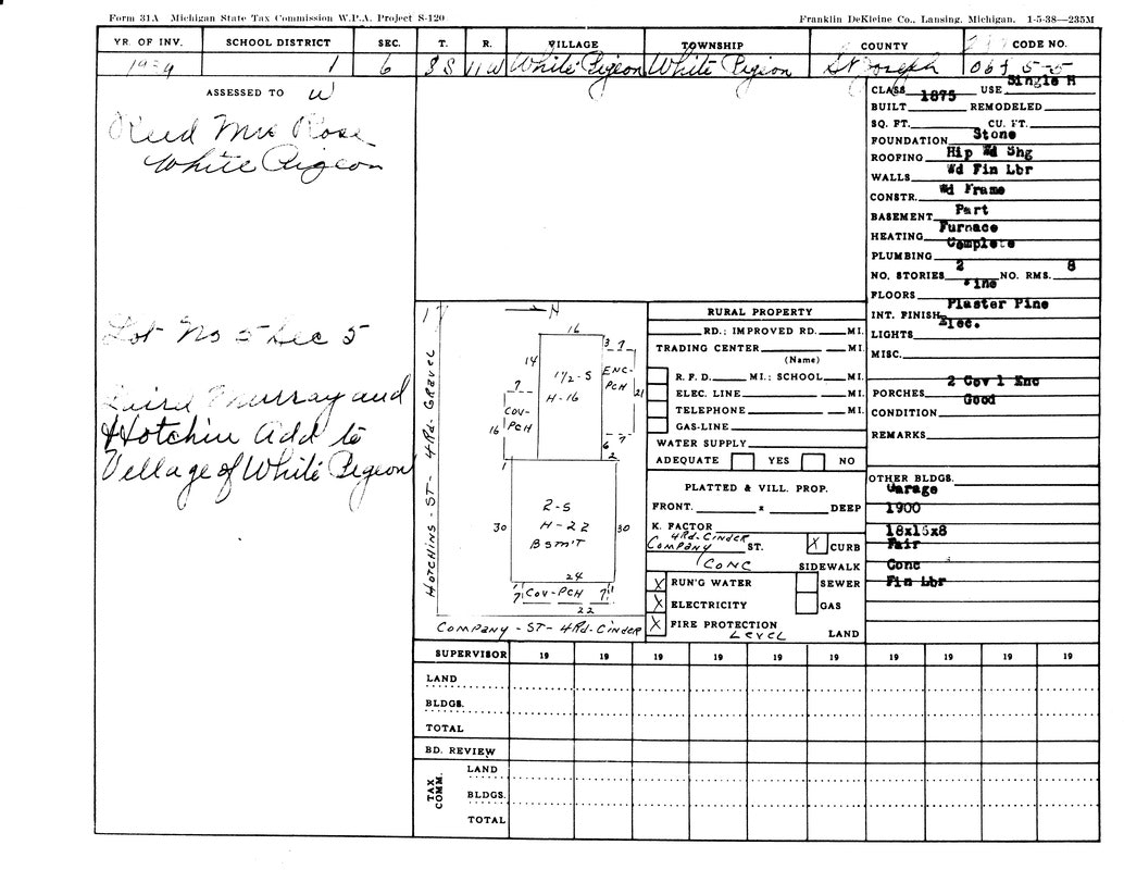 Tax assessment document for a property in White Pigeon, Michigan, detailing size, features, and conditions of the structures.