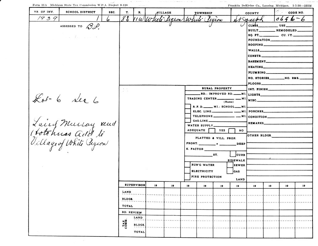 1939 Michigan State Tax Commission form for Village White Pigeon, St. Joseph County. Details rural property, buildings, and land info.