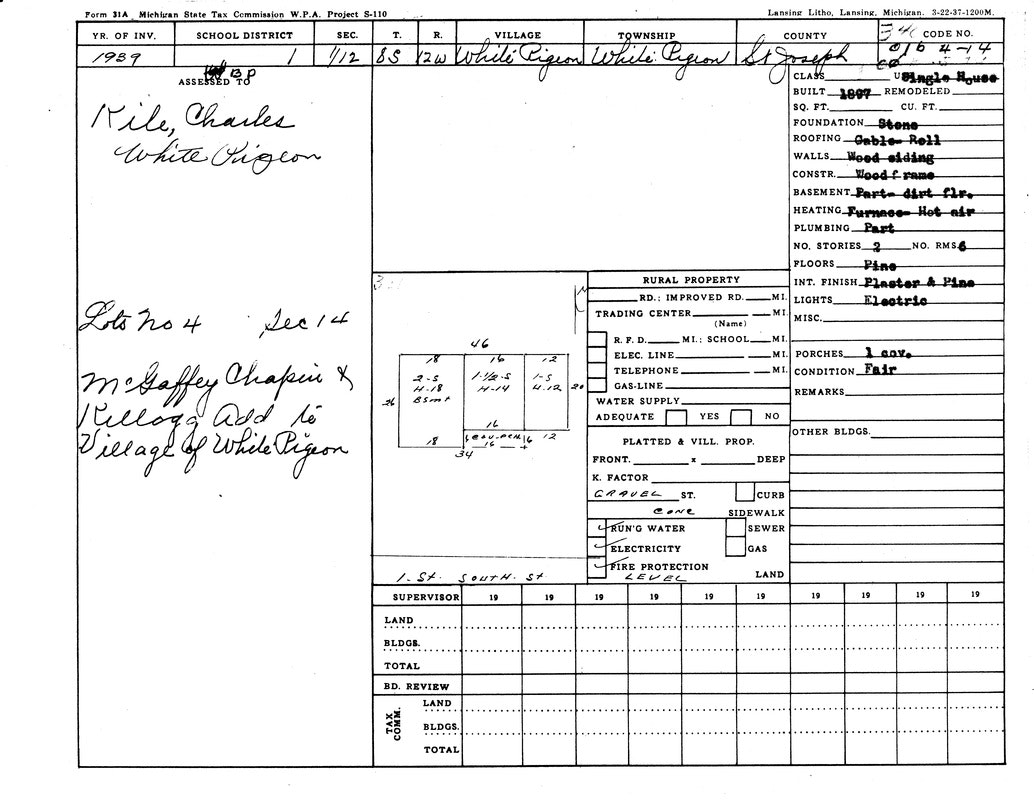 A Michigan property tax form for Charles Kile, White Pigeon. Describes property details and conditions.