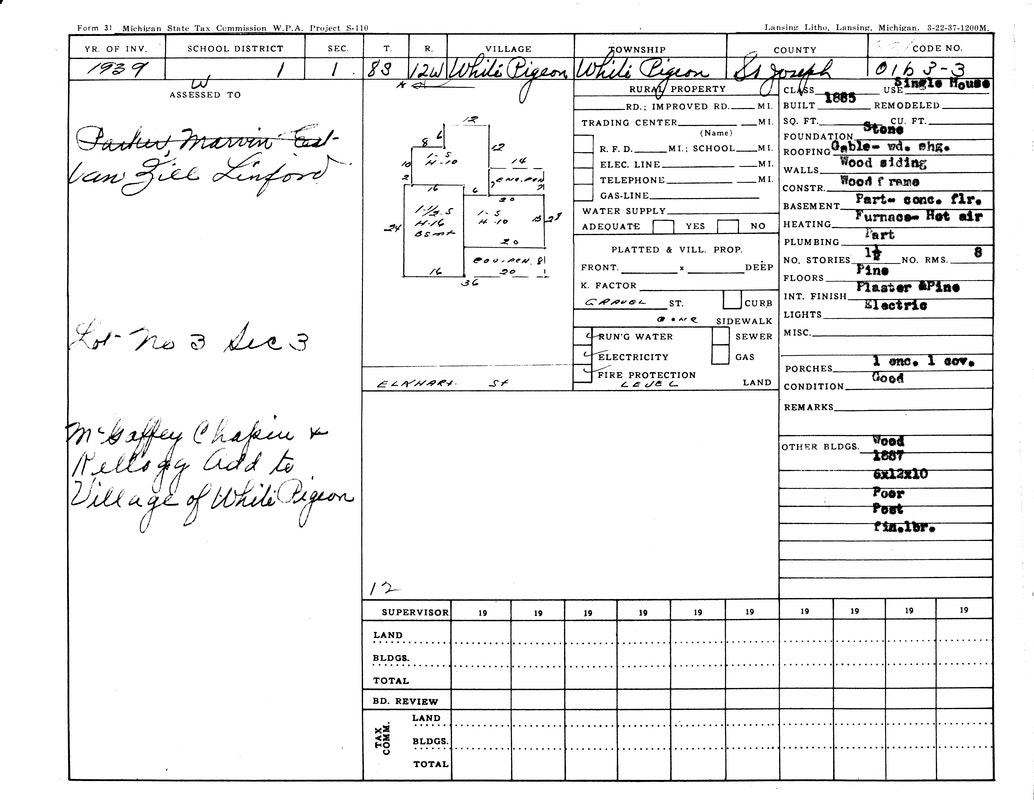 A property tax assessment form from 1939 for a site in White Pigeon, St. Joseph County, Michigan, detailing building info and ownership.