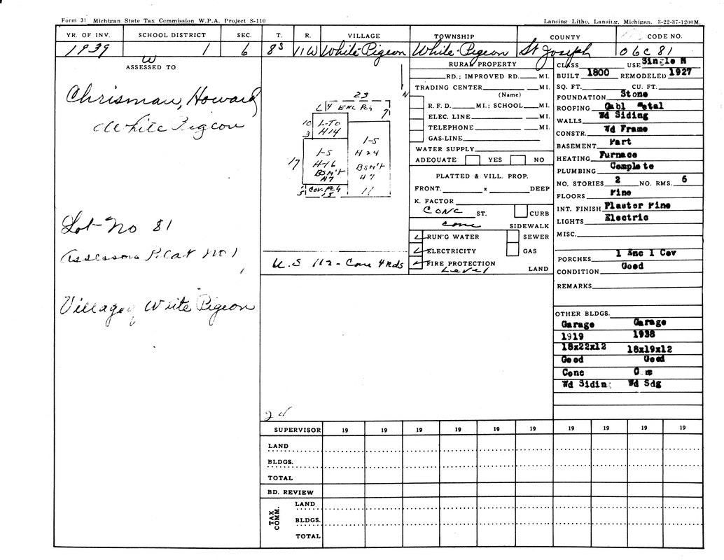 A Michigan property tax form from 1939 for Howard Chrisman; details on a White Pigeon property including building features and utilities.