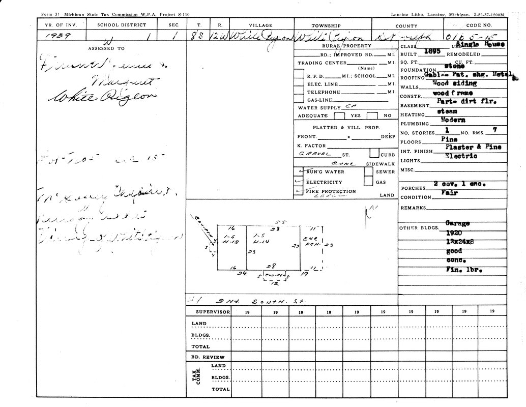 Property assessment form from 1939 for White Pigeon, Michigan, detailing building contents, condition, utilities, and plot layout.