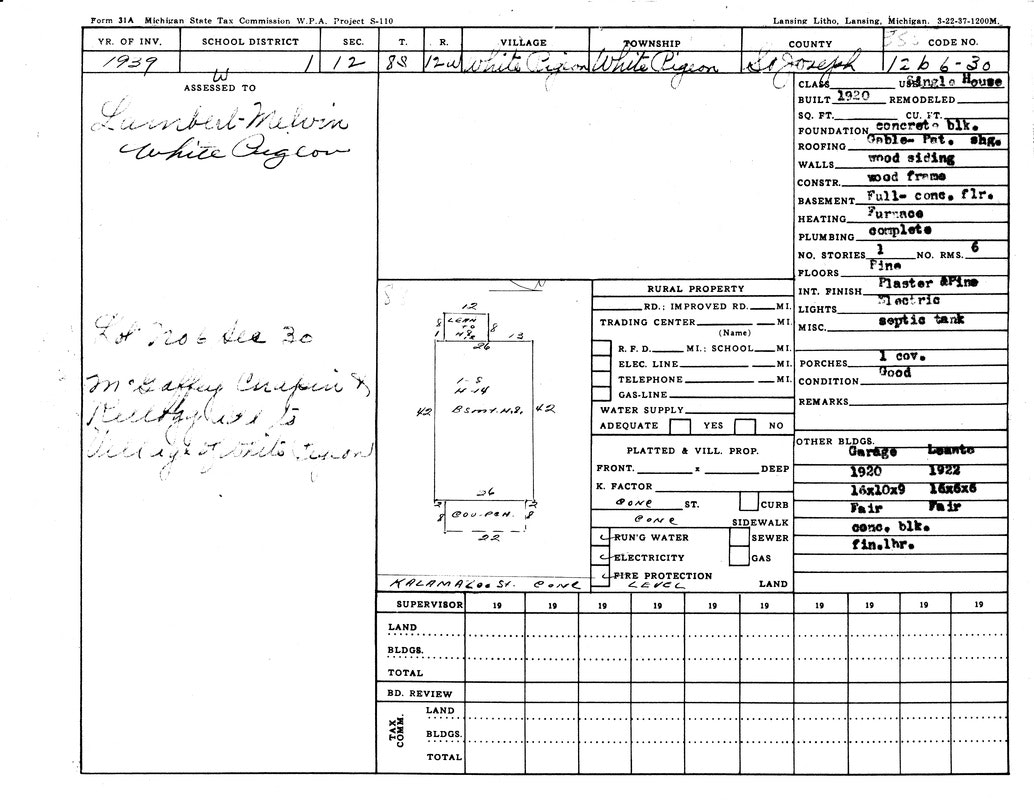 A 1939 property tax assessment form for a residence in White Pigeon, Michigan, detailing building features, owners, and land info.
